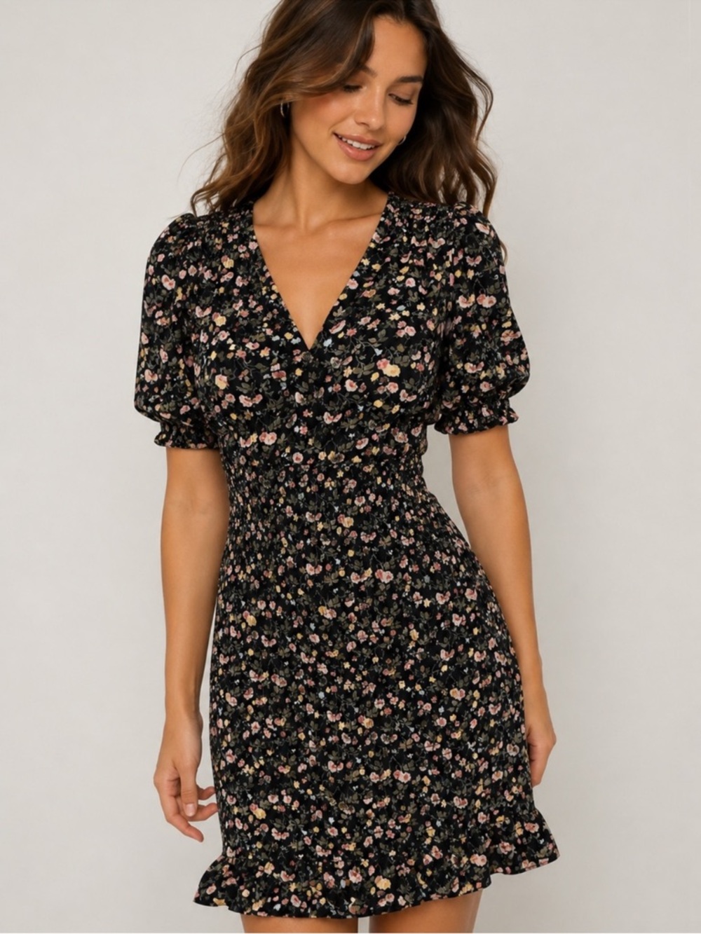 Abercrombie & Fitch Floral V-Neck Smocked Mini Dress in Black with Pink Accents